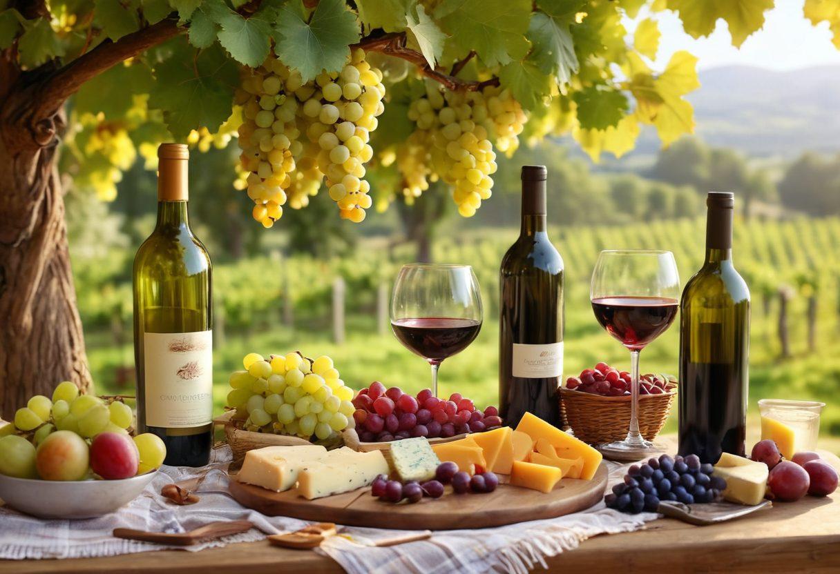 A lively vineyard scene with sunlit grapevines and cheerful friends clinking wine glasses, surrounded by colorful wine accessories like bottle openers and corkscrews. Include a picnic spread with delicious cheeses and fruits, enhancing the festive atmosphere. Capture the essence of adventure and joy in wine tasting. vibrant colors. super-realistic.