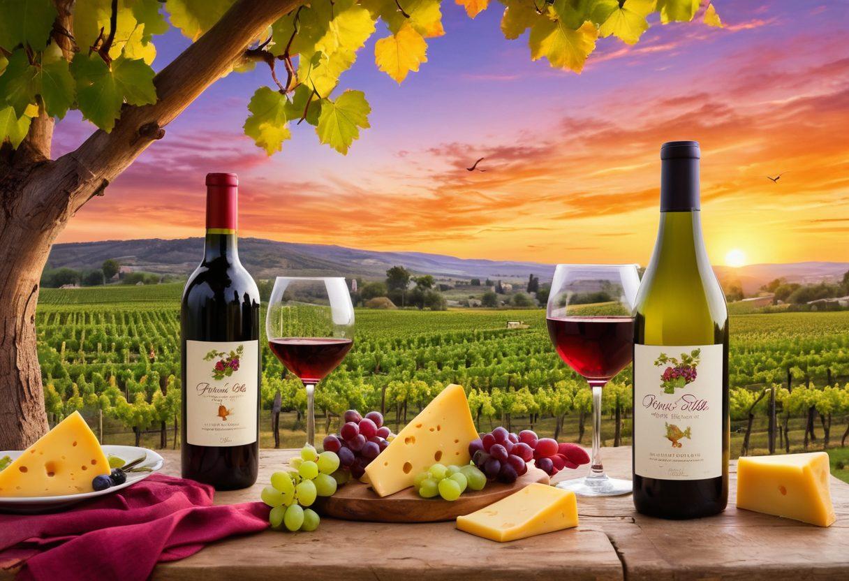 A whimsical vineyard scene with quirky grape characters dancing among the vines, surrounded by colorful wine bottles that have expressive faces showcasing different emotions. A beautifully set rustic table features diverse wine glasses and cheese pairings, all under a vibrant sunset sky. The atmosphere is lively and inviting, emphasizing the uniqueness of wine culture and its eccentricities. cartoonish style. vibrant colors. playful atmosphere.
