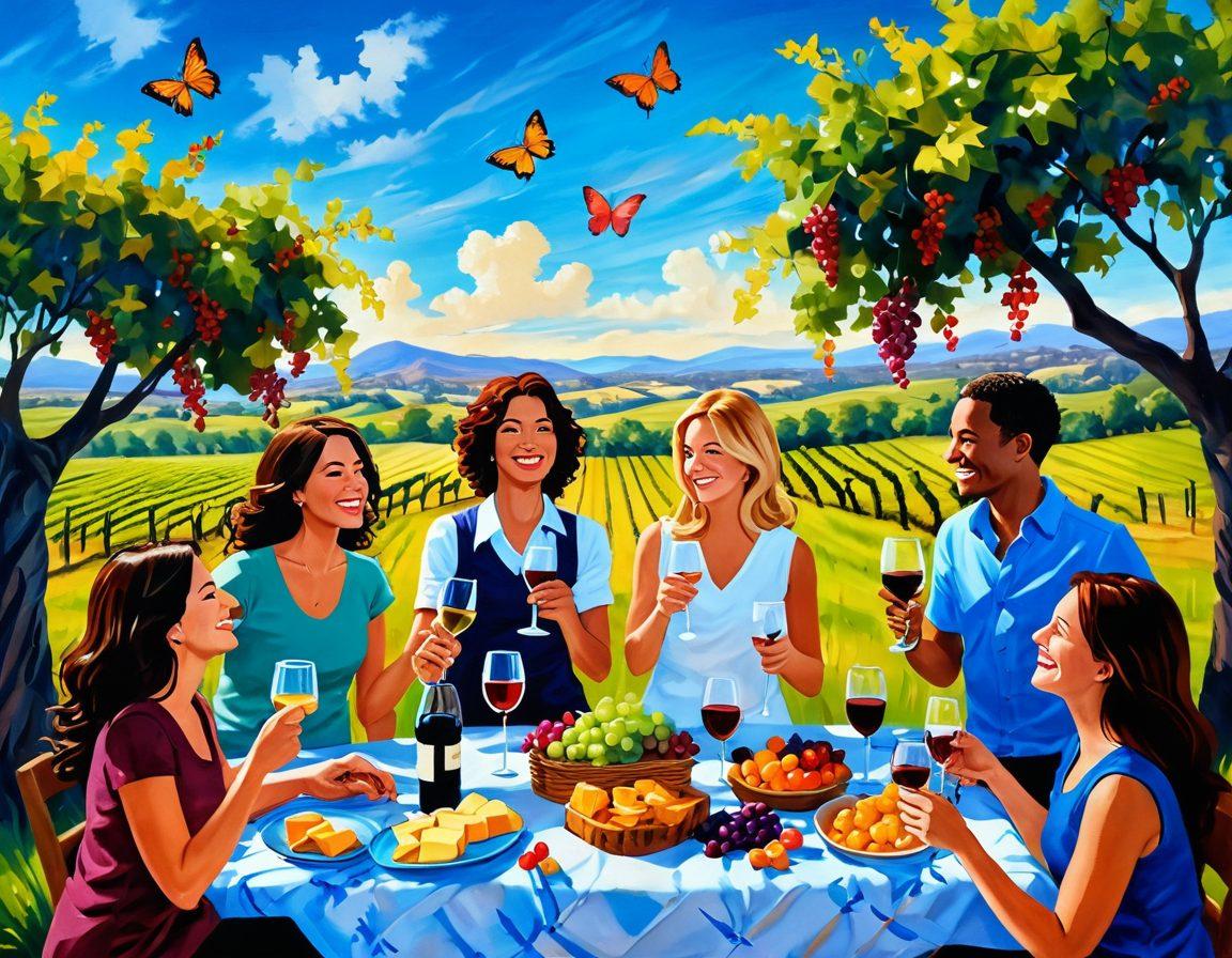 A whimsical vineyard landscape with vibrant grapevines, a cheerful group of diverse friends laughing and toasting with wine glasses under a sunny blue sky. Include elements of playful wine tastings like cheese platters and colorful picnic blankets scattered throughout. Add whimsical touches like butterflies and corks popping in the background. painting. vibrant colors. cheerful atmosphere.